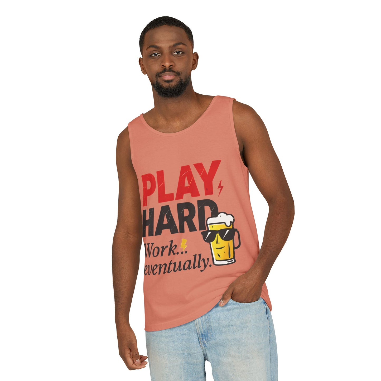 Casual Tank Top with Play Hard Print, Fun Summer Apparel, Gift for Dad or Friends, Beach Wear, Workout Top, Party Attire