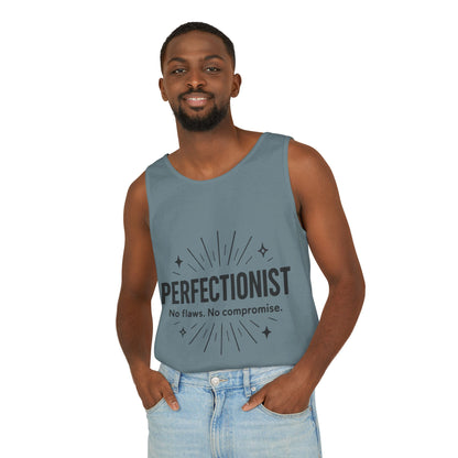Mens Perfectionist Tank Top, No Flaws No Compromise, Minimal Bold Graphic Tee, Gift for OCD, Clean Freak, or Detail-Oriented Men