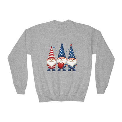 Patriotic Gnome Youth Crewneck Sweatshirt, 4th of July Sweatshirt, Cute Gnome Pullover, Summer Camp Outfit, Kids Holiday Apparel