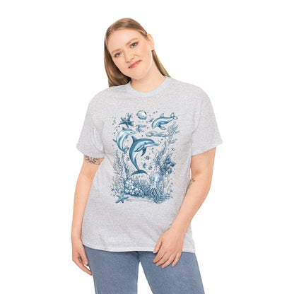 Ocean Life Dolphin T-Shirt, Women's Cotton Tee with Underwater Sea Creatures, Marine Nature Gift Shirt, Perfect for Beach Lovers
