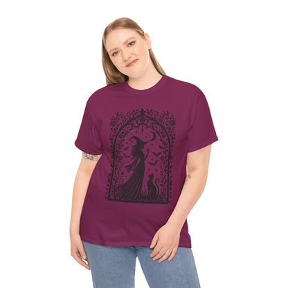 Gothic Witch & Cat Women's T-Shirt, Elegant Halloween Moon Silhouette Witchy Graphic Tee