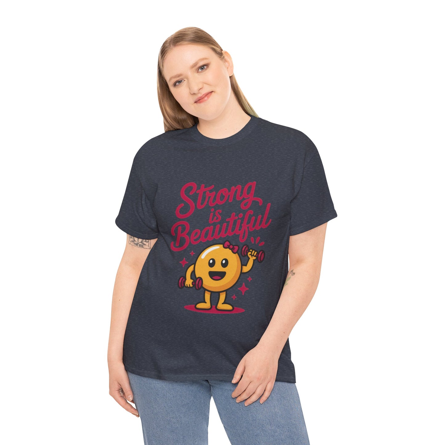 Strong is Beautiful Womens T-Shirt, Cute Fitness Character Graphic Tee, Inspirational Workout Shirt, Gym Motivation Gift for Her
