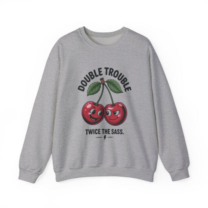 Double Trouble Cherry Sweatshirt, Cute Funny Womens Pullover, Twice The Sass Fruit Graphic Sweater, Playful Red Cherry Crewneck