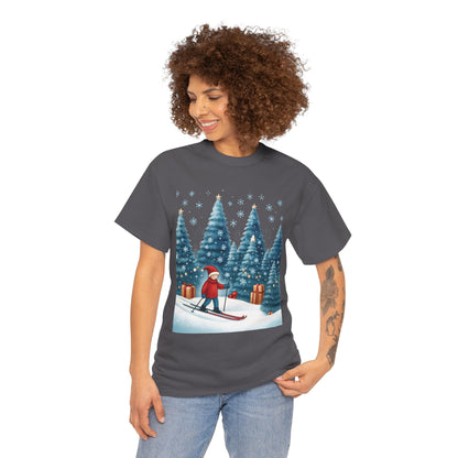 Womens Cute Winter Holiday Graphic Tee, Christmas Skiing T-Shirt, Women's Heavy Cotton Tee