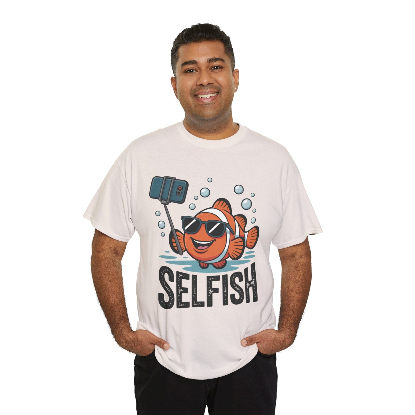 Unisex Heavy Cotton Tee, Mens Selfish Funny Fish T-Shirt, Cute Selfie Graphic Tee, Ocean Humor Shirt