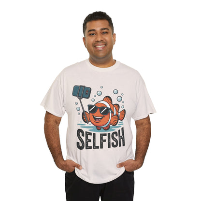 Unisex Heavy Cotton Tee, Mens Selfish Funny Fish T-Shirt, Cute Selfie Graphic Tee, Ocean Humor Shirt
