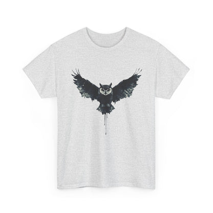 Cool Owl Graphic Unisex Heavy Cotton Tee, Flying Owl Ink Art T-Shirt, Nature Lover Gift, Animal Print Tee, Gothic Bird Graphic Tee