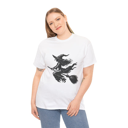 Flying Witch Silhouette Halloween T-Shirt for Women, Vintage Witch on Broom Tee, Spooky Gothic Fall Shirt, Minimal Black Witch Top