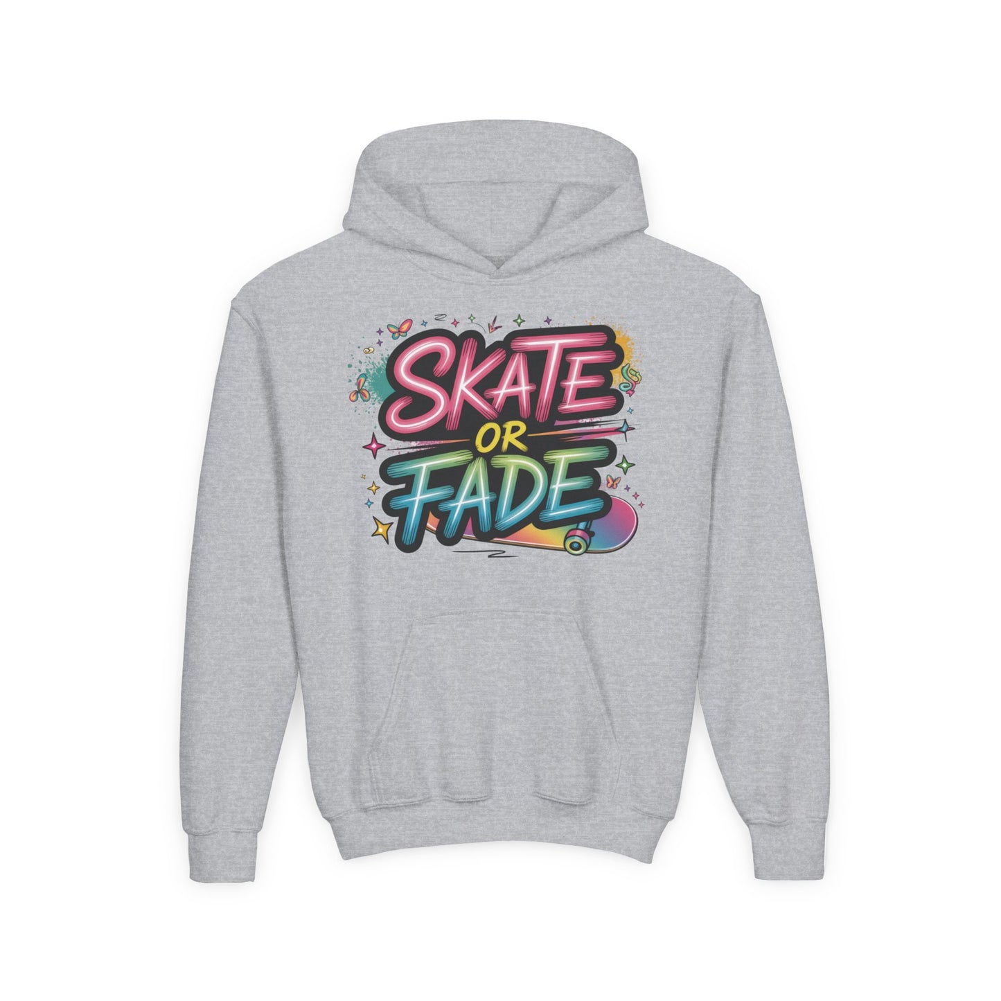 Youth Heavy Blend Hooded Sweatshirt, Skate Or Fade Girls Shirt, Colorful Graffiti Skateboarding Hoodie