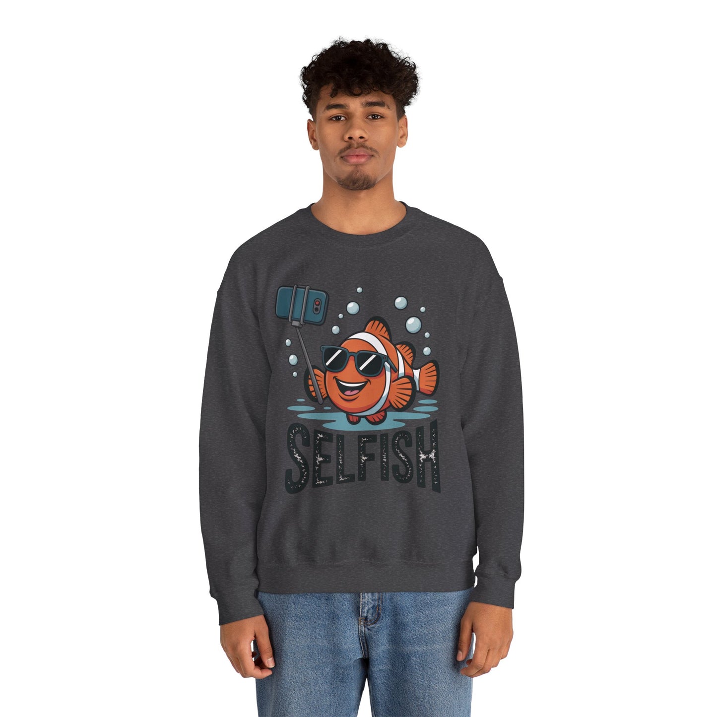 Unisex Heavy Blend™ Crewneck Sweatshirt, Mens Selfish Funny Fish Sweatshirt, Cute Selfie Pullover, Ocean Humor Top