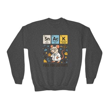 Youth Crewneck Sweatshirt - Fuel for Lab Rats, Cute Science Gift, Adorable Sweatshirt for Kids, Science Enthusiasts, Lab Rat Love