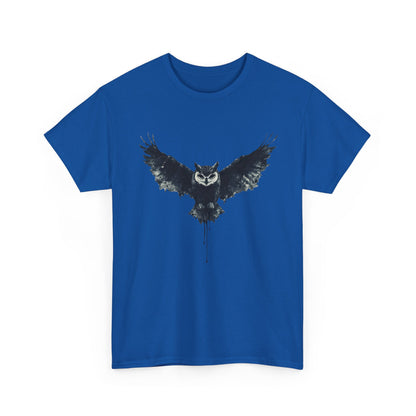 Cool Owl Graphic Unisex Heavy Cotton Tee, Flying Owl Ink Art T-Shirt, Nature Lover Gift, Animal Print Tee, Gothic Bird Graphic Tee