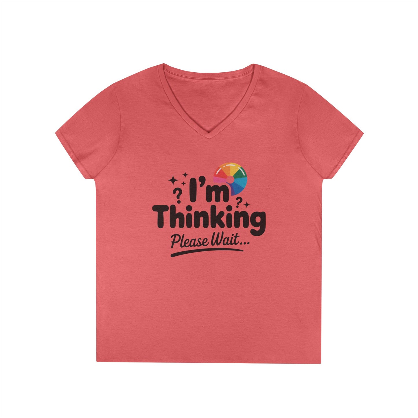 Funny - Im Thinking Please Wait - V-Neck T-Shirt for Women, Cute Geeky Gift for Introverts, Programmers, Designers, Fun Humor Shirt