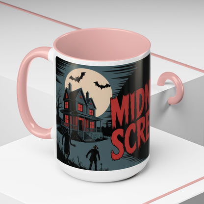 Midnight Screams Mug, Retro Horror Movie Poster Coffee Cup, Gothic Halloween Gift for Horror Lovers, Accent Coffee Mug (11, 15oz)
