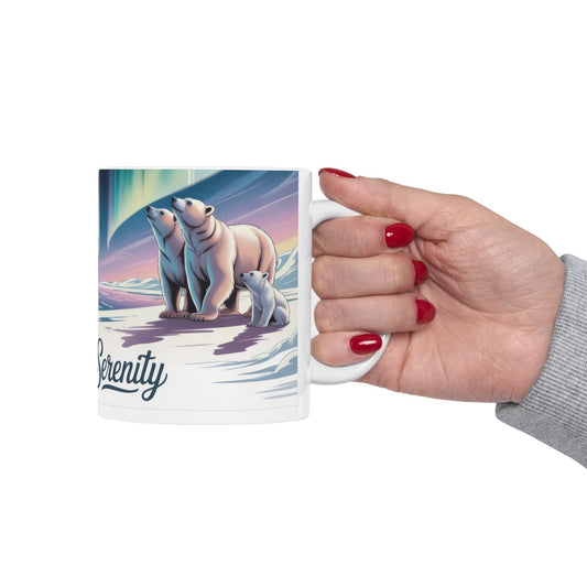 Northern Serenity Polar Bear Mug, Arctic Aurora Coffee Cup, Winter Wildlife Gift, Cute Animal Nature Lover Mug, Holiday Present