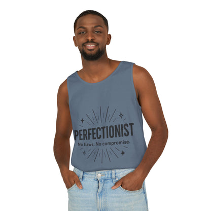 Mens Perfectionist Tank Top, No Flaws No Compromise, Minimal Bold Graphic Tee, Gift for OCD, Clean Freak, or Detail-Oriented Men