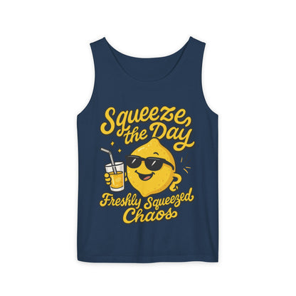 Squeeze The Day Womens Tank Top - Funny Lemon Pun Shirt - Freshly Squeezed Chaos Summer Citrus Top, Casual Beachwear, Fun Summer Apparel