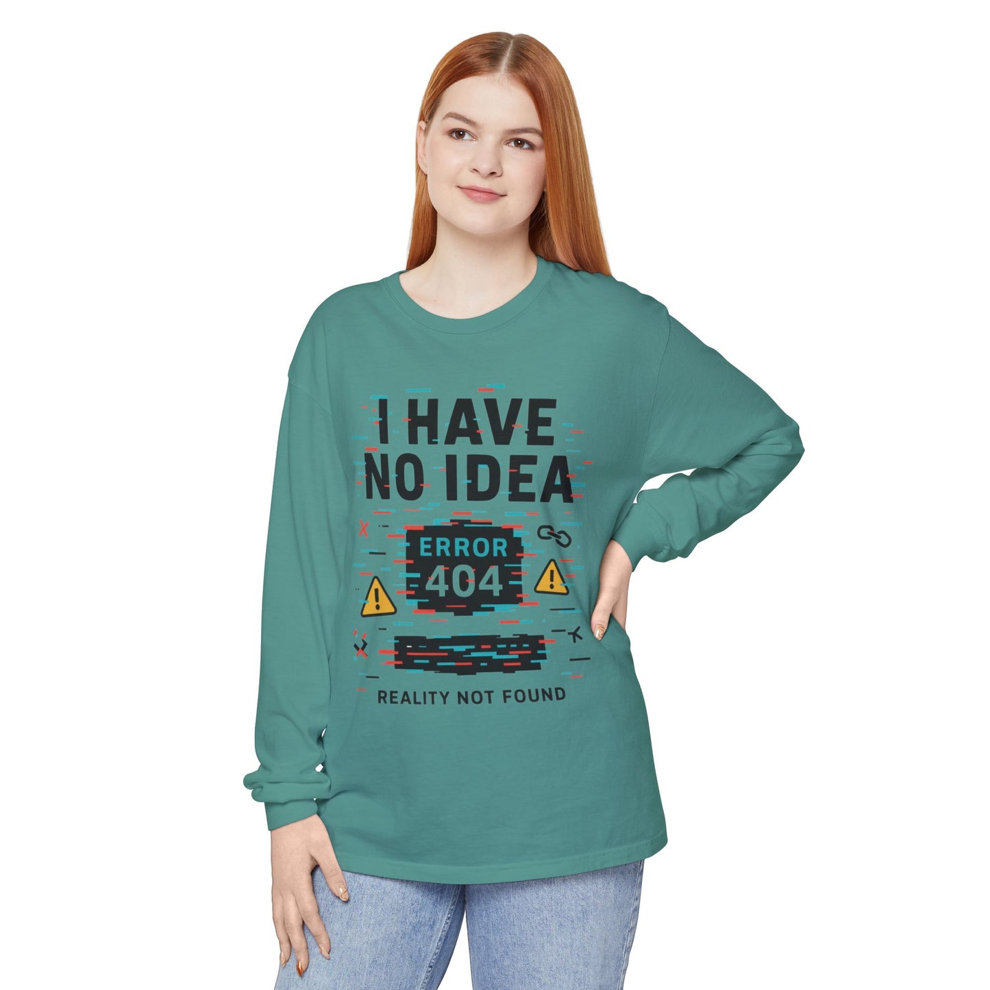 Unisex Long Sleeve T-Shirt, Funny Error 404 Graphic Tee, Internet Humor, Geeky Apparel, Quirky Humor Shirt, Gift for Tech Lovers