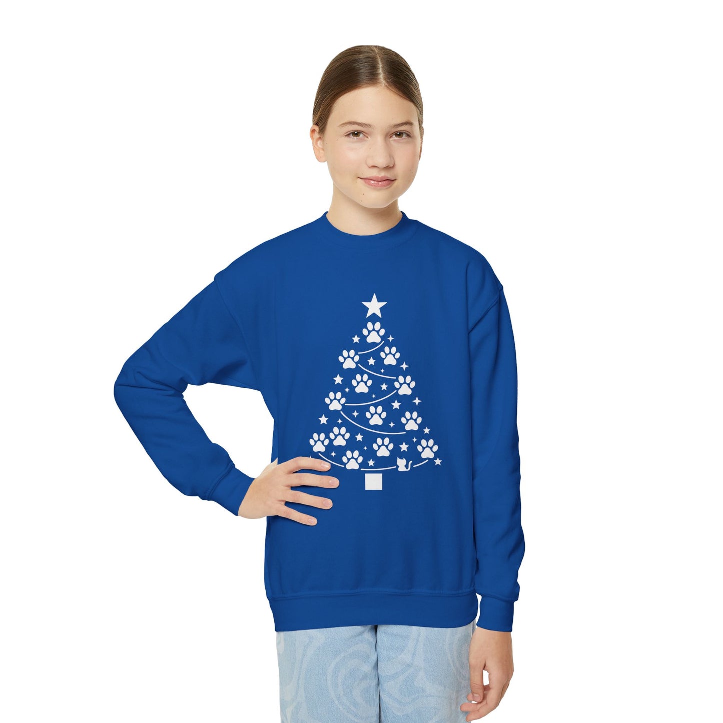 Paw Christmas Tree Girls Youth Sweatshirt, Cute Pet Lover Holiday Sweater