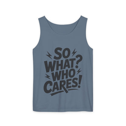 Mens Tank Top, "So What? Who Cares!", Casual Summer Wear, Beach Trip, Festival Outfit, Lightning Print, Sarcastic Summer Tee, Gym Tank