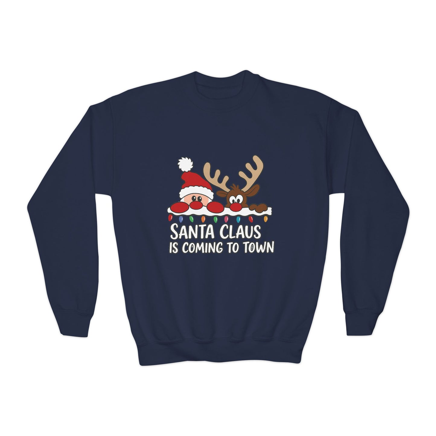 Santa Claus Is Coming to Town Kids Christmas Sweatshirt, Cute Santa - Reindeer Holiday Jumper