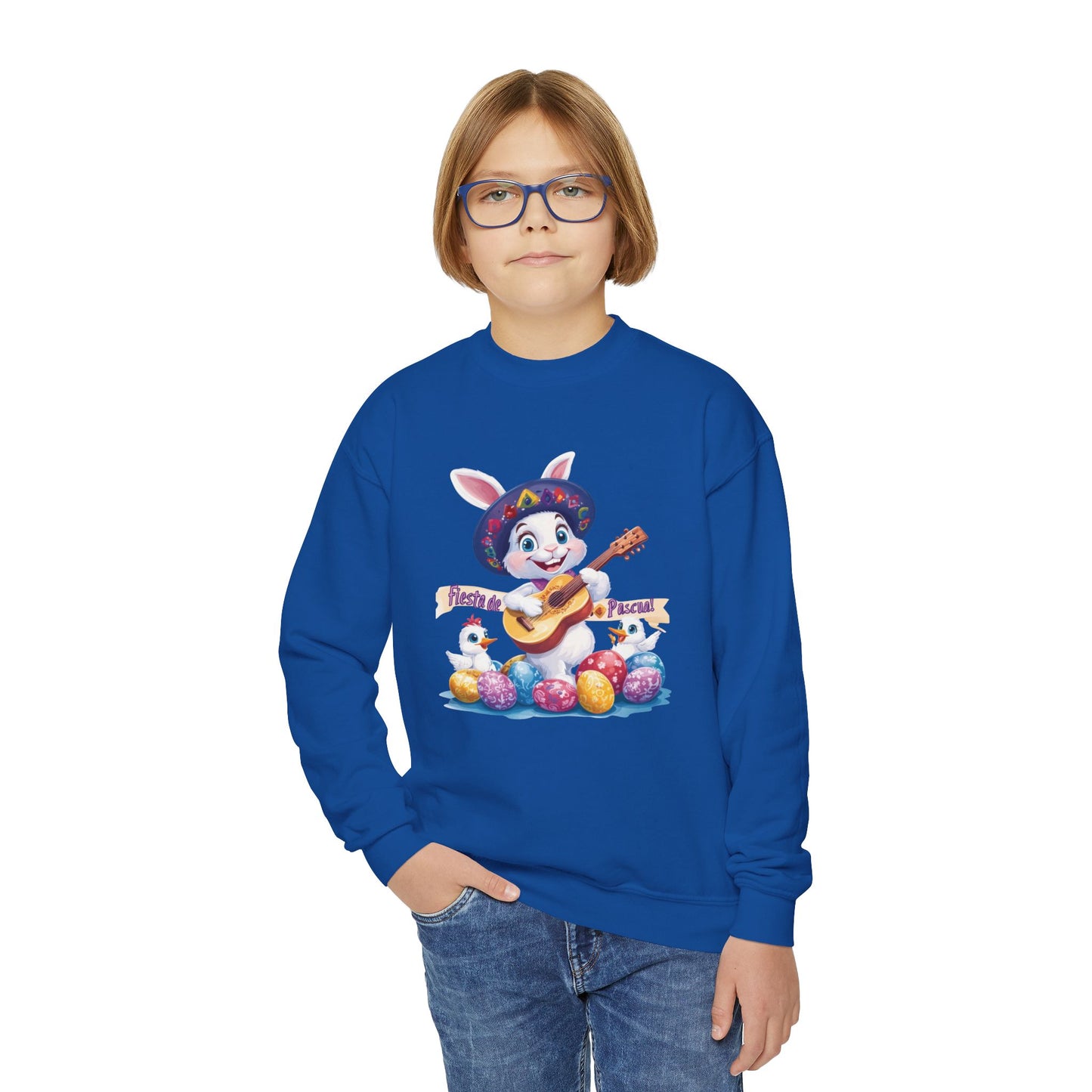 Fiesta de Pascua Bunny Sweatshirt - Mexican Easter Crewneck for Kids, Cute Spring Gift with Guitar Playing Bunny and Colorful Eggs