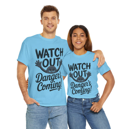 Funny "Watch Out" Cartoon Character T-Shirt, Sketch Style Unisex Heavy Cotton Tee, Minimalist Humorous Graphic Tee, Gift for Him/Her