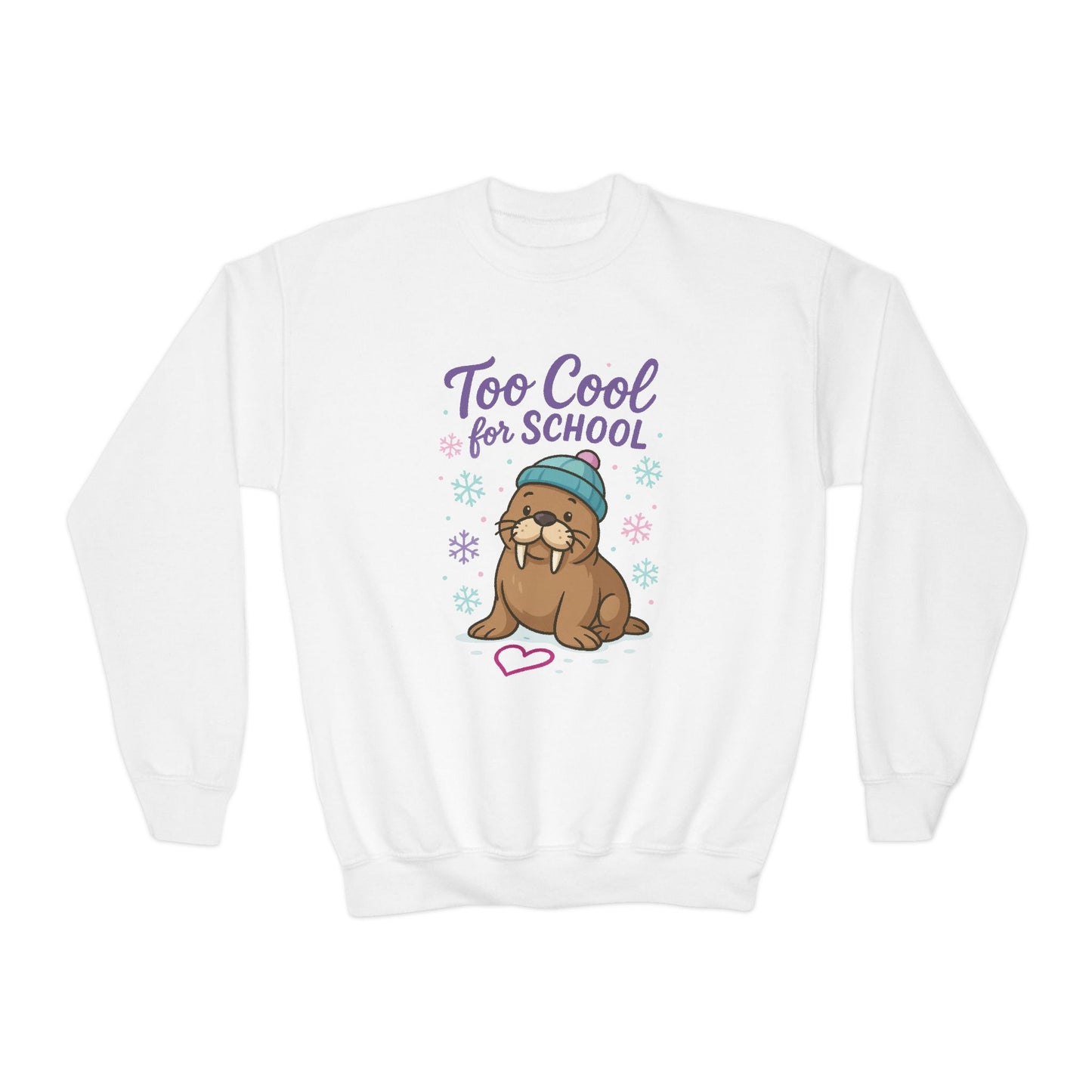 Youth Crewneck Sweatshirt, Kids Too Cool for School Walrus Sweatshirt, Funny Animal Pullover, Cute Winter Top