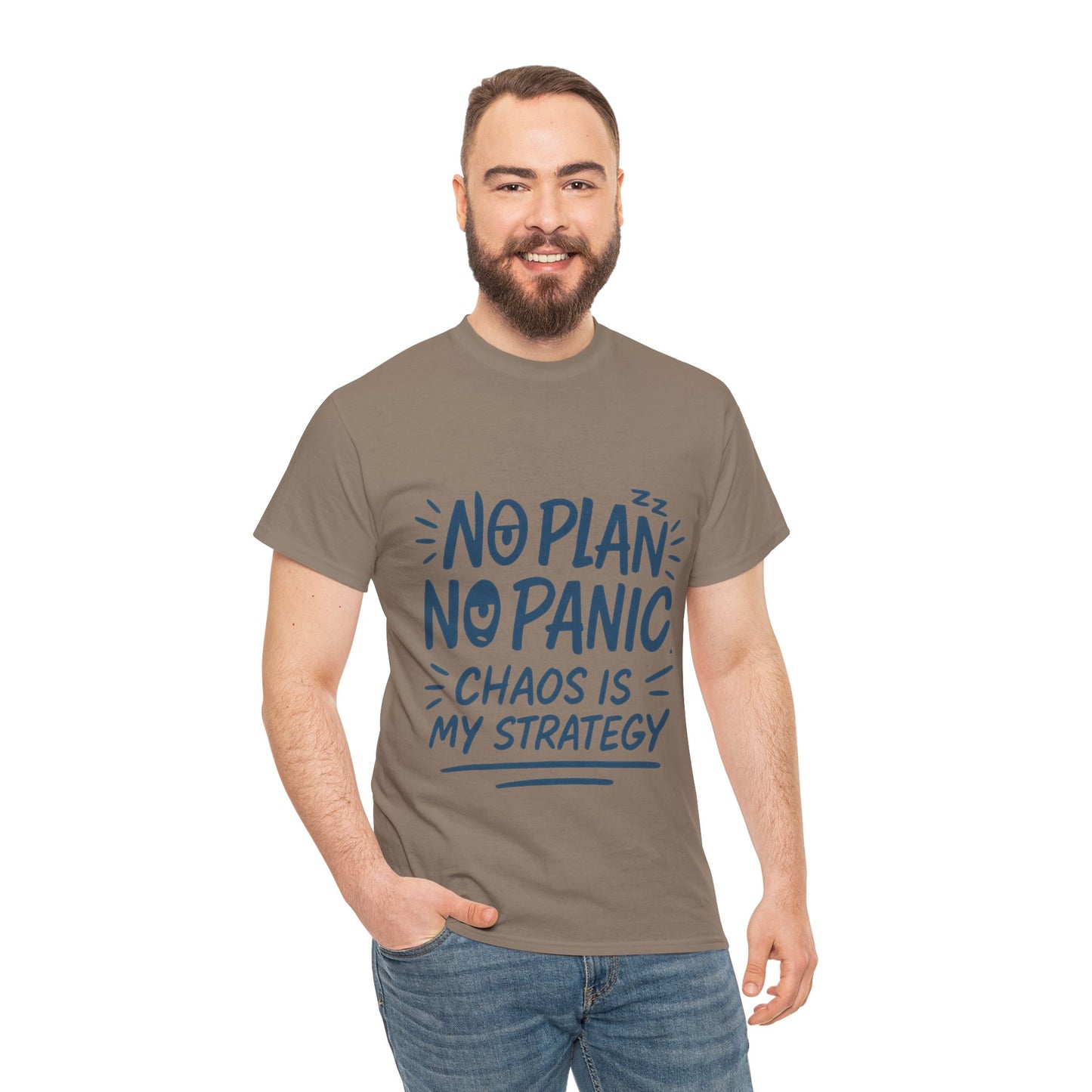 Funny Chaos Quote Mens T-Shirt, No Plan No Panic Humor Shirt, Casual Graphic Tee Gift for Him, Relaxed Fit