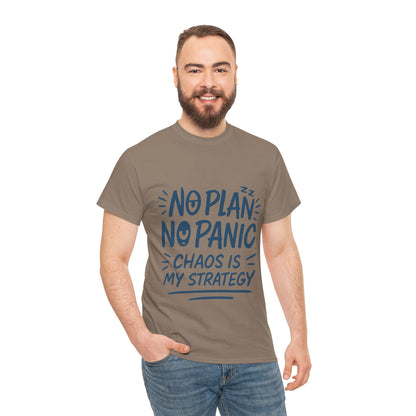 Funny Chaos Quote Mens T-Shirt, No Plan No Panic Humor Shirt, Casual Graphic Tee Gift for Him, Relaxed Fit