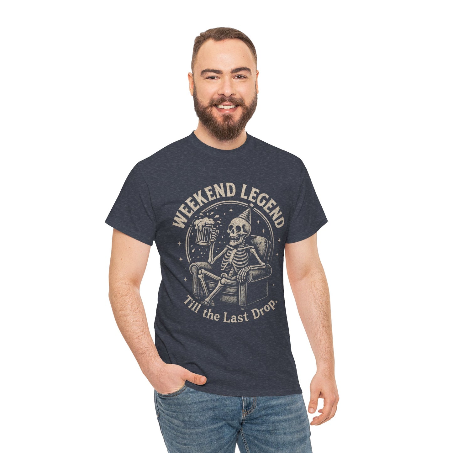 Weekend Legend Mens T-Shirt, Funny Skeleton Beer Tee, Till the Last Drop Party Shirt, Vintage Style Graphic Tee for Him, Halloween Apparel