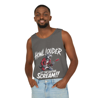 Howl Louder Wolf Tank Top, Mens Muscle Shirt, Rock Guitarist Graphic Sleeveless Tee, Wolf Workout Gym Tank, Music Lover Gift