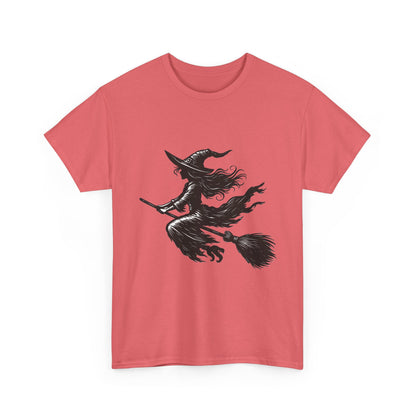 Flying Witch Silhouette Halloween T-Shirt for Women, Vintage Witch on Broom Tee, Spooky Gothic Fall Shirt, Minimal Black Witch Top