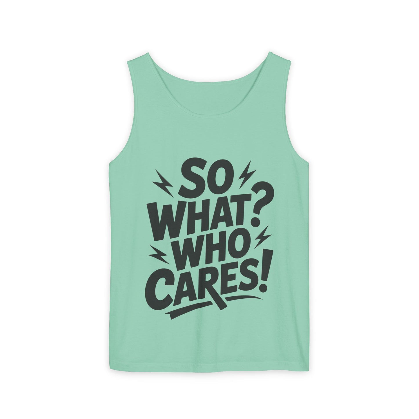 Mens Tank Top, "So What? Who Cares!", Casual Summer Wear, Beach Trip, Festival Outfit, Lightning Print, Sarcastic Summer Tee, Gym Tank