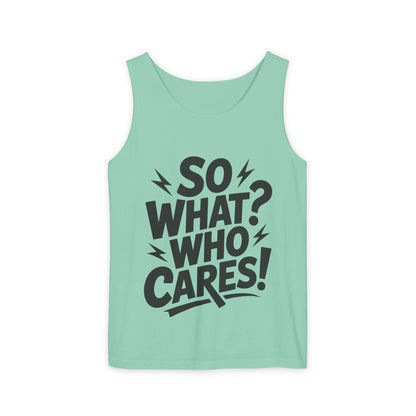Mens Tank Top, "So What? Who Cares!", Casual Summer Wear, Beach Trip, Festival Outfit, Lightning Print, Sarcastic Summer Tee, Gym Tank