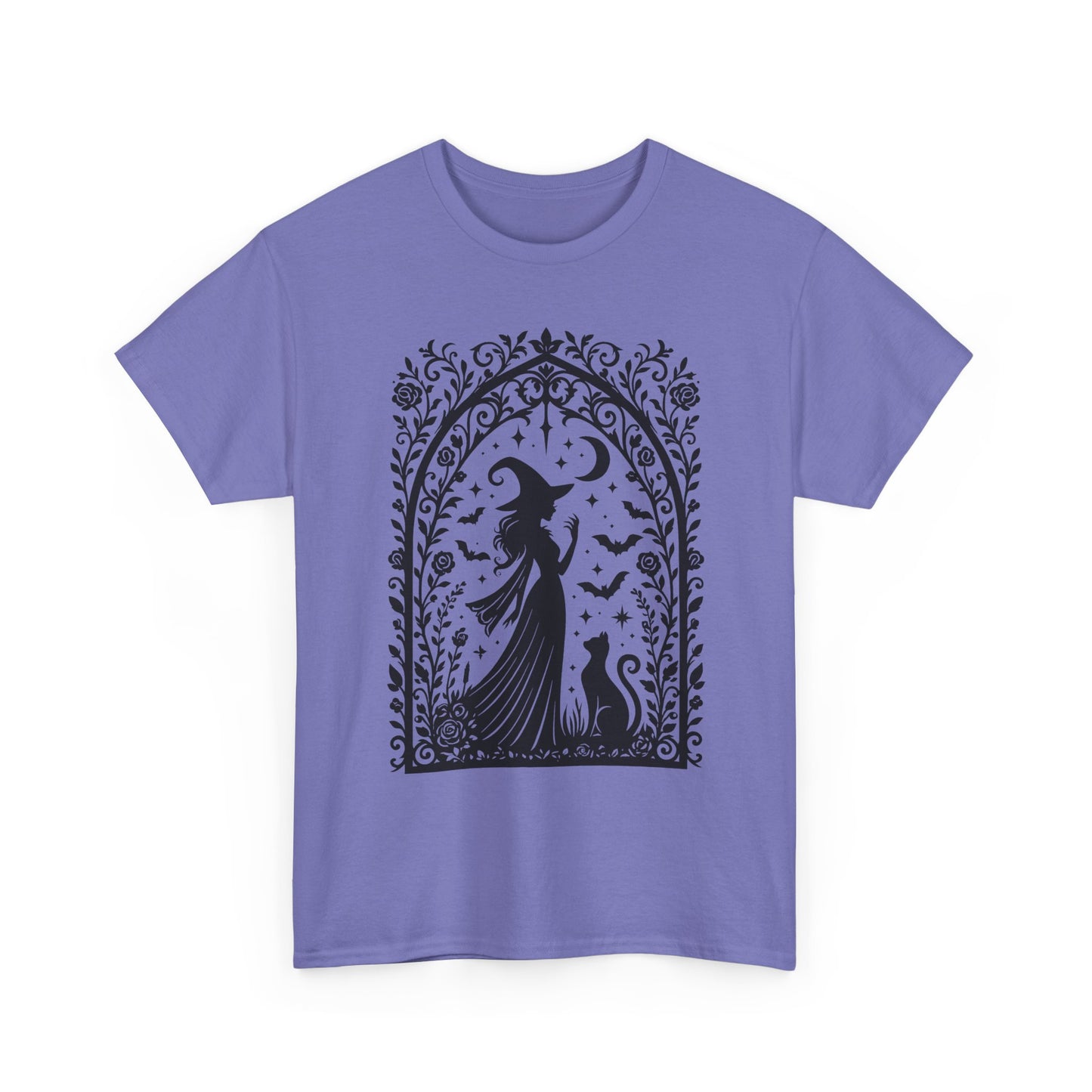Gothic Witch & Cat Women's T-Shirt, Elegant Halloween Moon Silhouette Witchy Graphic Tee