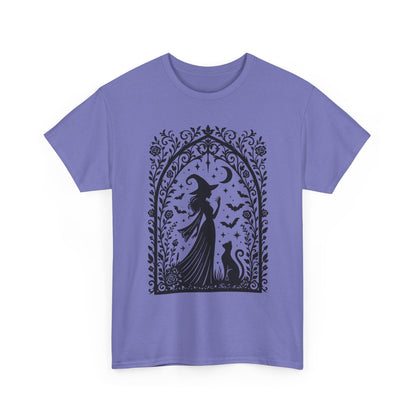 Gothic Witch & Cat Women's T-Shirt, Elegant Halloween Moon Silhouette Witchy Graphic Tee