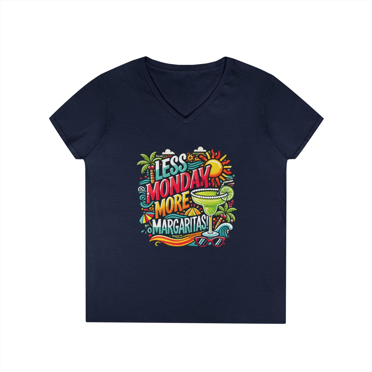 Less Monday More Margaritas Ladies' V-Neck T-Shirt, Funny Summer Cocktail Shirt, Tropical Vacation Tee for Women, Party Tee, Weekend Vibes