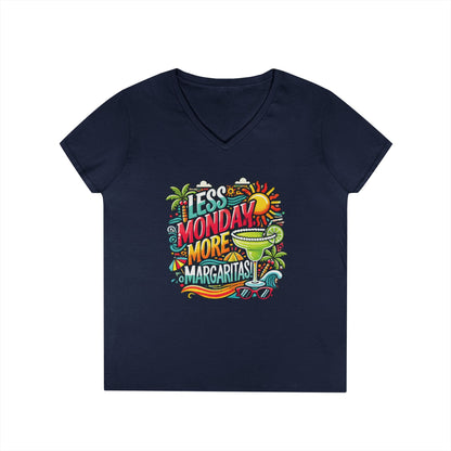 Less Monday More Margaritas Ladies' V-Neck T-Shirt, Funny Summer Cocktail Shirt, Tropical Vacation Tee for Women, Party Tee, Weekend Vibes