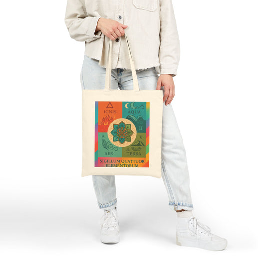 Four Elements Mandala Tote Bag, Fire, Water, Air, Earth Illustrated Symbolic Canvas Bag, Spiritual Boho Elemental Series Gift, Art Tote