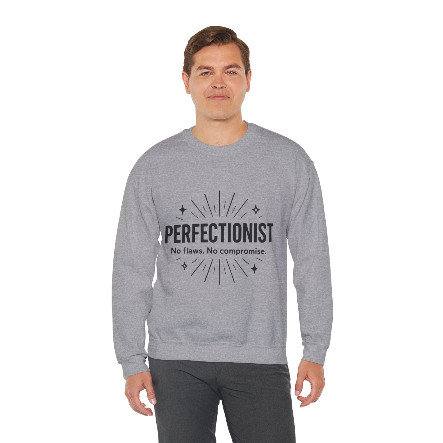 Men's Perfectionist Sweatshirt, Bold No Flaws No Compromise Design, Clean Look Funny Gift for Him, Minimal Black Graphic Pullover