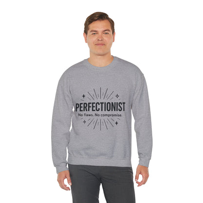 Men's Perfectionist Sweatshirt, Bold No Flaws No Compromise Design, Clean Look Funny Gift for Him, Minimal Black Graphic Pullover