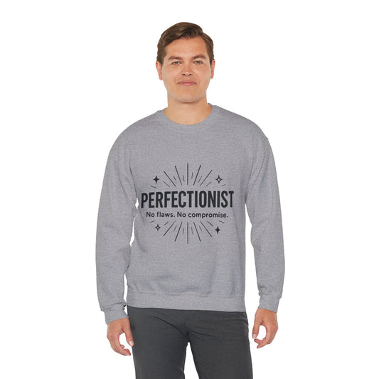 Men's Perfectionist Sweatshirt, Bold No Flaws No Compromise Design, Clean Look Funny Gift for Him, Minimal Black Graphic Pullover