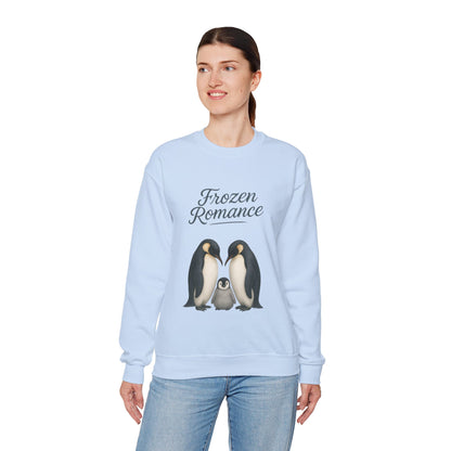 Womens Heavy Blend™ Crewneck Sweatshirt, Womens Frozen Romance Penguin Sweatshirt, Cute Animal Pullover, Romantic Graphic Top