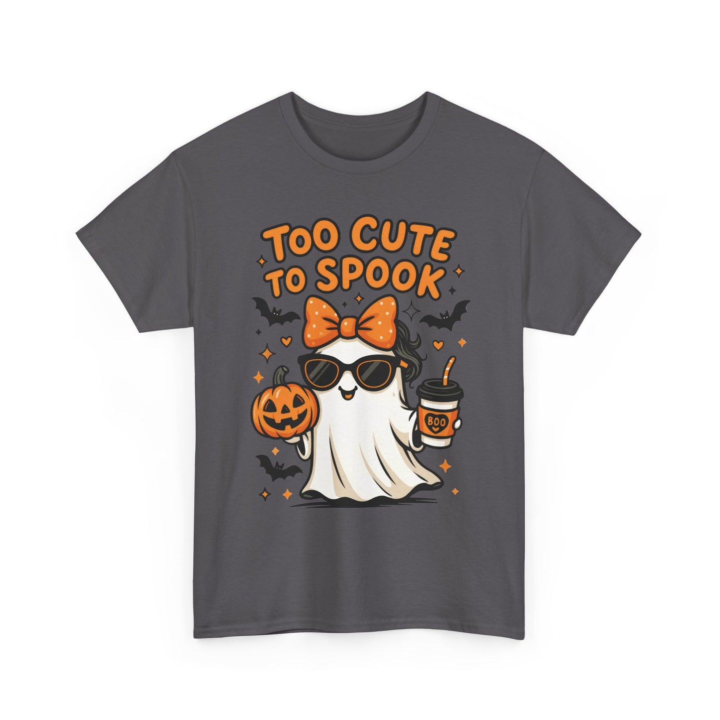 Too Cute To Spook Women's T-Shirt, Cute Ghost Pumpkin Coffee Halloween Graphic Tee