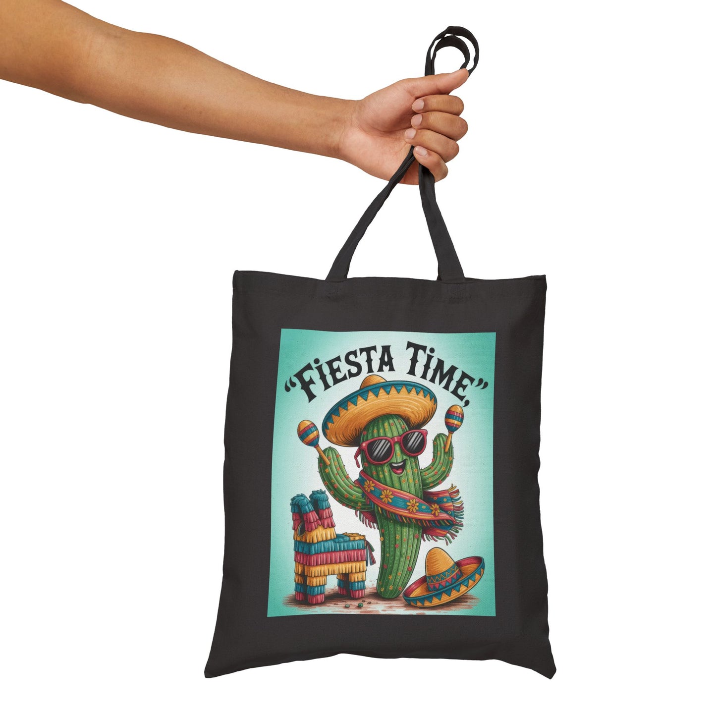 Fiesta Time Cactus Tote Bag, Colorful Funny Sombrero Maracas Piñata Mexican Party Gift Bag, Summer Vibes Canvas Bag