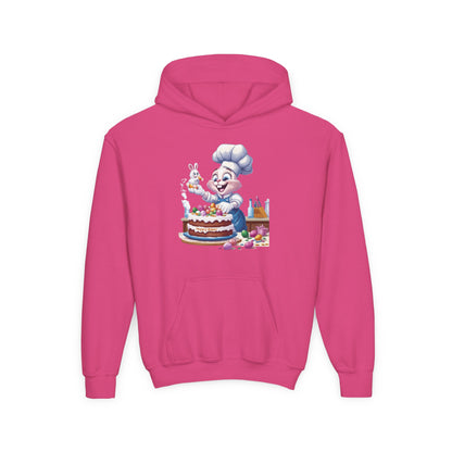 Hoppy Baker Easter Bunny Kids Hoodie - Cute Chef Bunny with Cake Design, Fun Spring Sweatshirt, Colorful Holiday Gift for Children