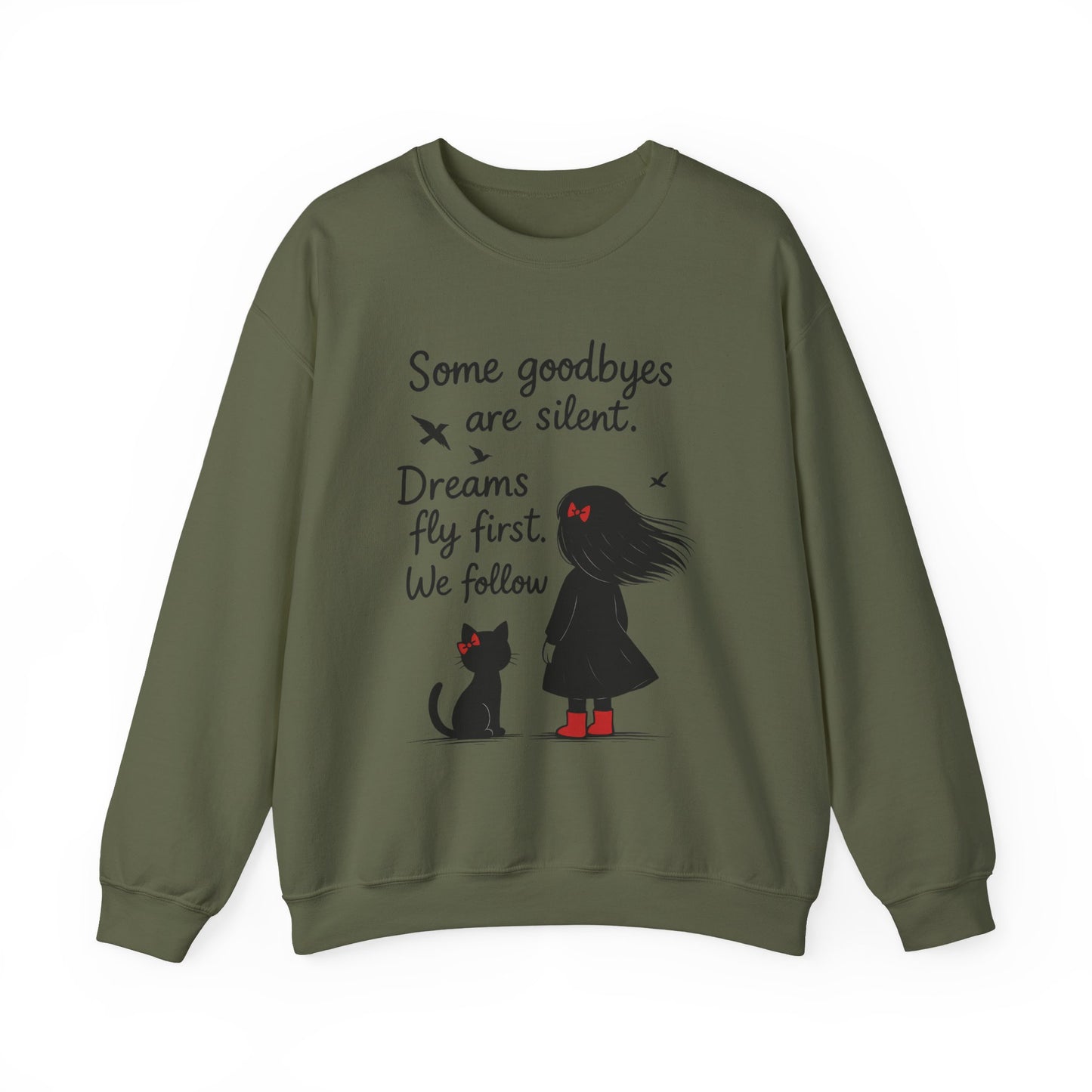 Cozy Farewell Girl & Cat Pullover, Hand Drawn Red Dress Art, Minimalist Womens Crewneck