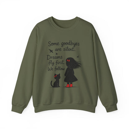 Cozy Farewell Girl & Cat Pullover, Hand Drawn Red Dress Art, Minimalist Womens Crewneck