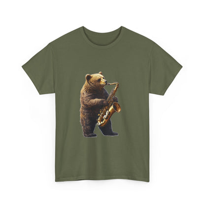 Saxophone Bear Unisex Heavy Cotton Tee, Music Lover Shirt, Gift for Musicians, Cute Animal Tee, Fun Jazz T-Shirt